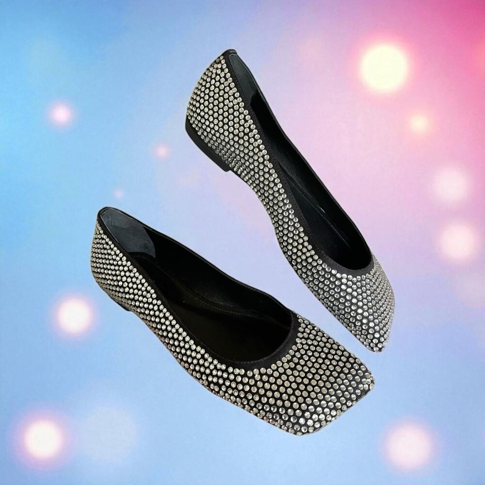 Schutz Jaycie Shine Silver Rhinestone & Black Flats Shoes Women Sz7.5 NEW NWOB